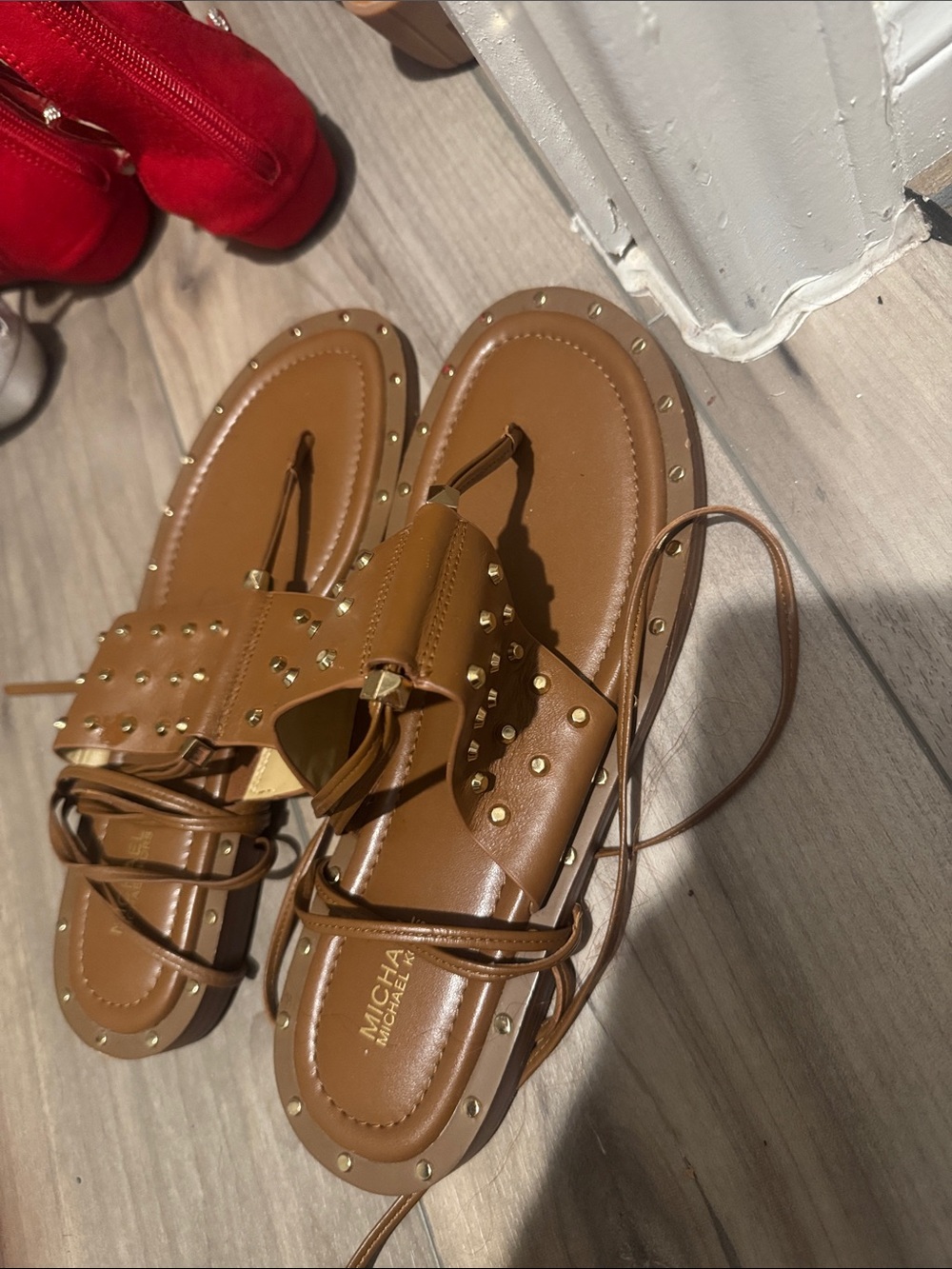 MICHAEL Michael Kors Brown Leather Studded Lace-Up Sandals